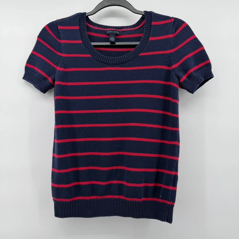 Tommy‎ Hilfiger Women Navy Blue Red Striped Short Sleeve Sweater Top Size SP